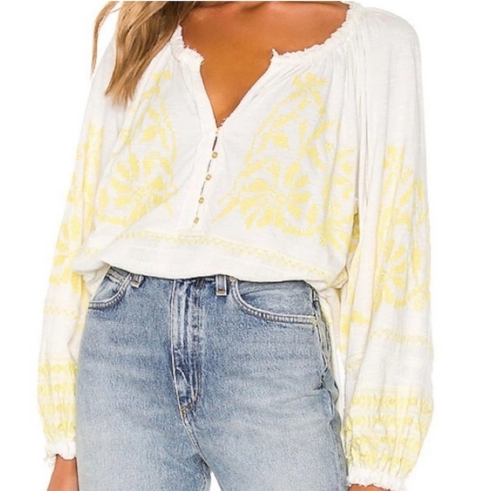 Free People White and Yellow Boho Flowy Top sz S
